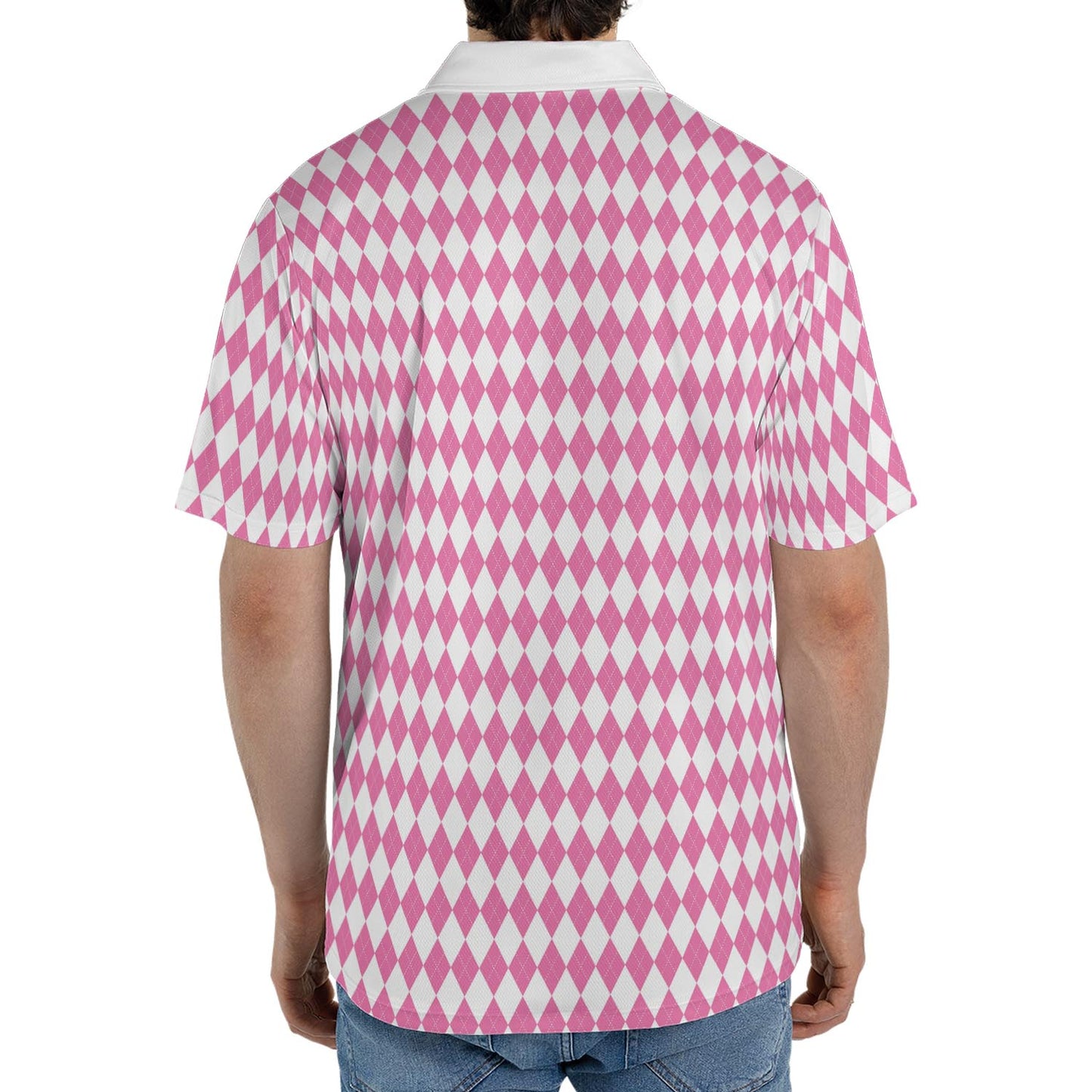 Bavarian Diamond Polo Shirt for Men Pink White Checkered Moisture Wicking Short Sleeve Golf Top