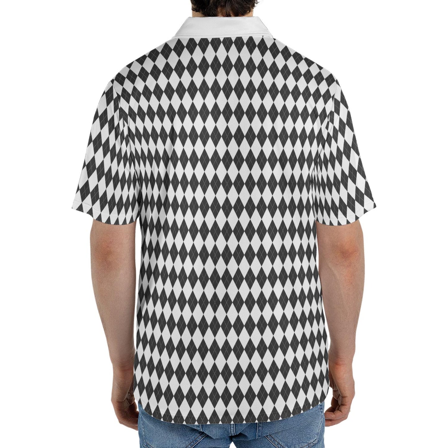 Bavarian Diamond Polo Shirt for Men Dark Grey White Checkered Moisture Wicking Short Sleeve Golf Top