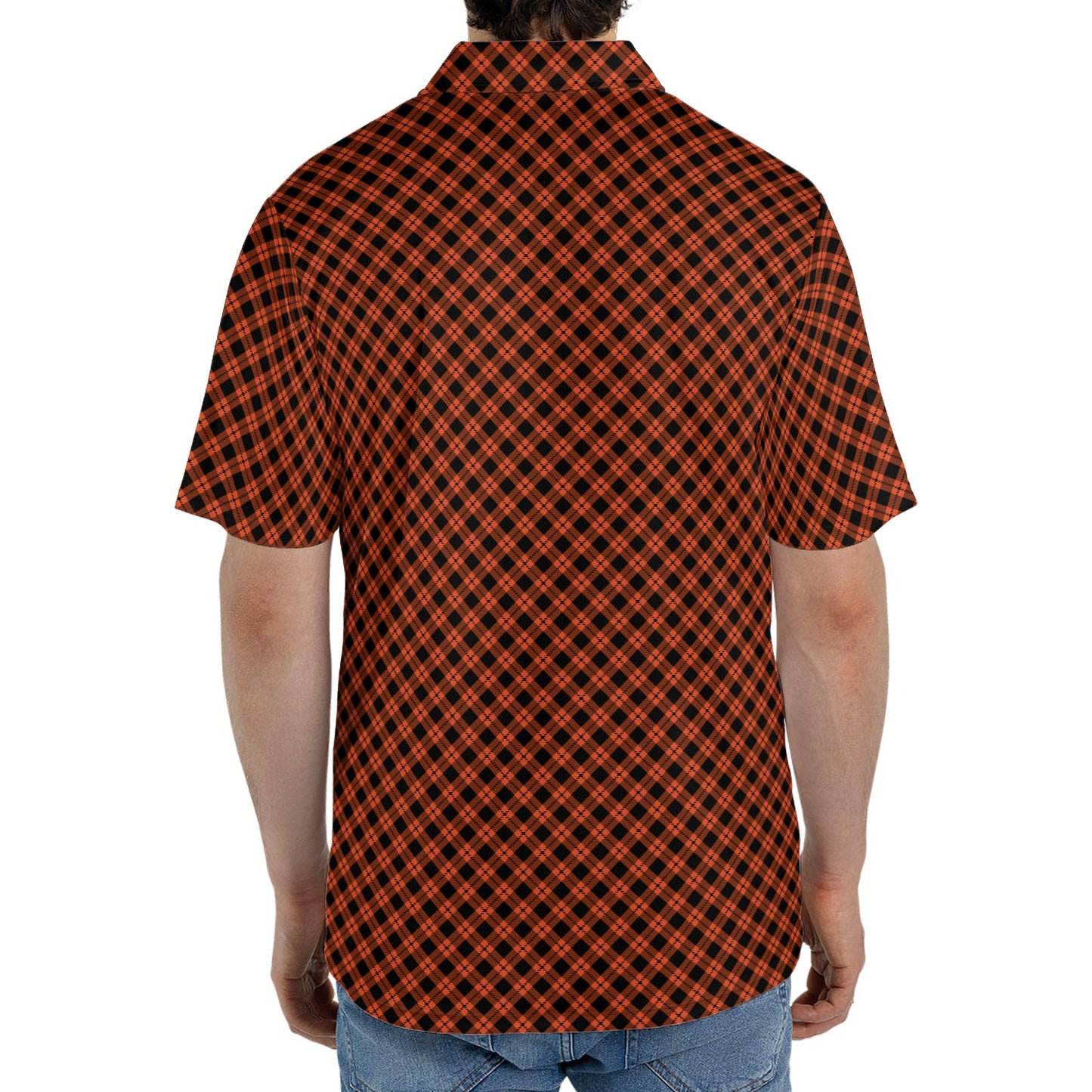 Black and Orange Plaid Polo Shirt for Men Halloween Fall Checkered Pattern Moisture Wicking Short Sleeve Golf Top