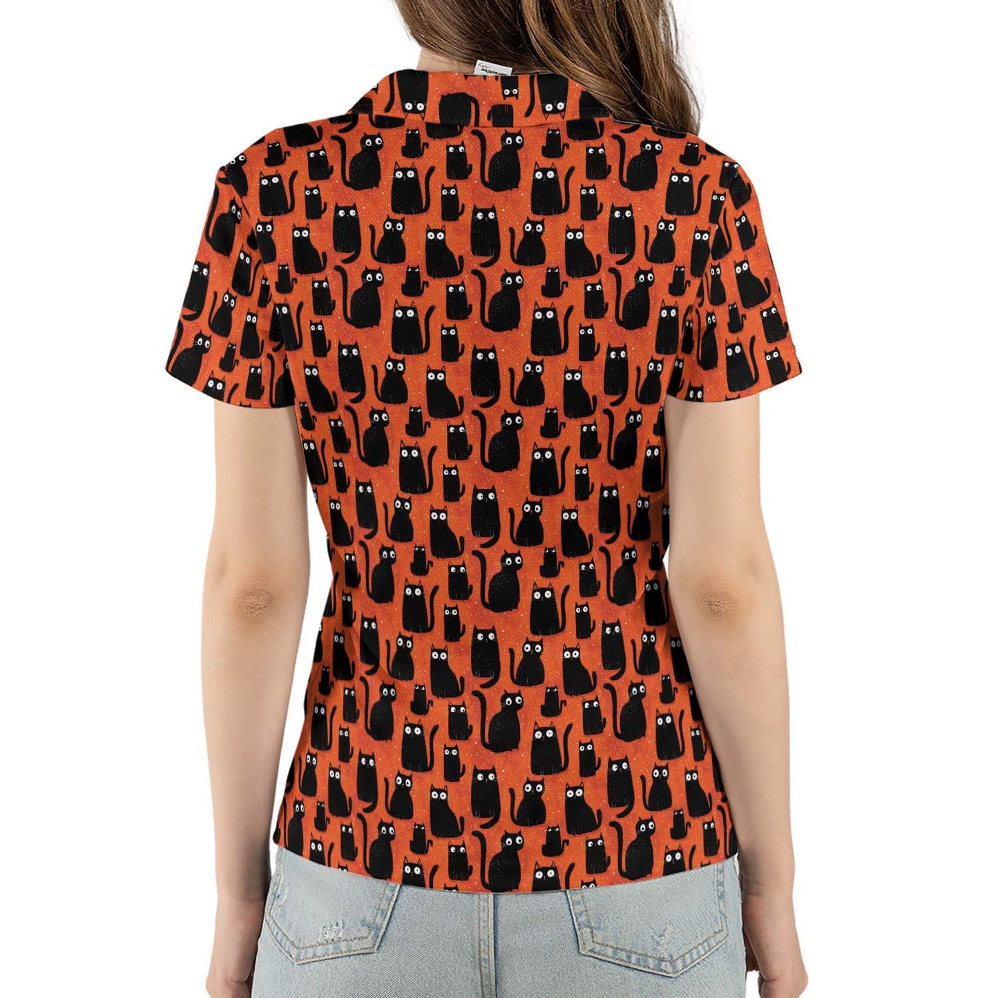 Black Cat Halloween Polo Shirt for Women Orange Spooky Cute Costume Moisture Wicking Short Sleeve Golf Top