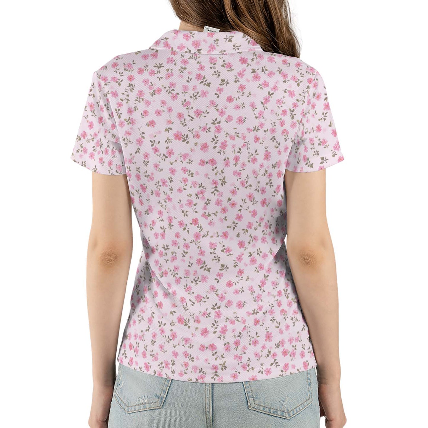 Pink Rosebud Polo Shirt for Women Soft Cottagecore Floral Spring Summer Moisture Wicking Short Sleeve Golf Top