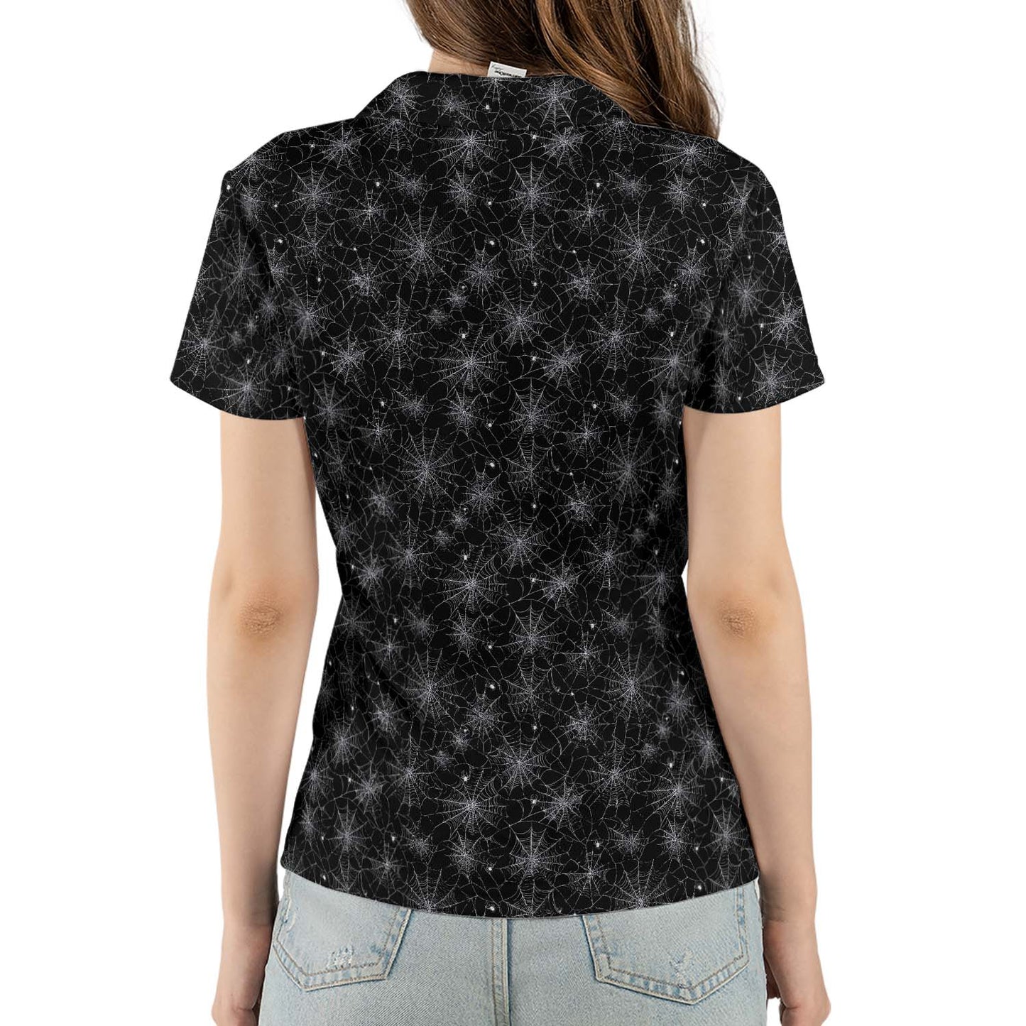 Spiderweb Halloween Polo Shirt for Women Black Spooky Cute Costume Moisture Wicking Short Sleeve Golf Top