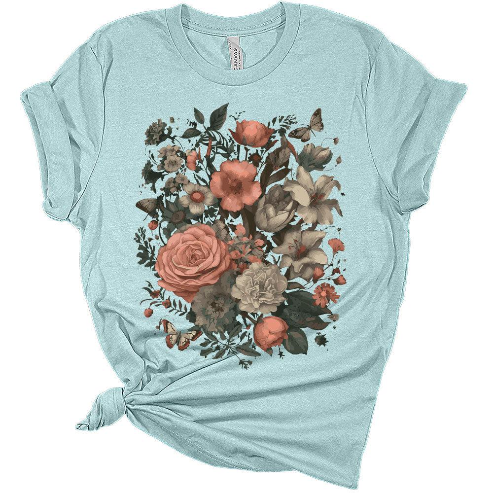 Womens Floral Shirts Trendy Wildflower Vintage Graphic Tees Butterfly Short Sleeve T Shirts Bella Summer Tops