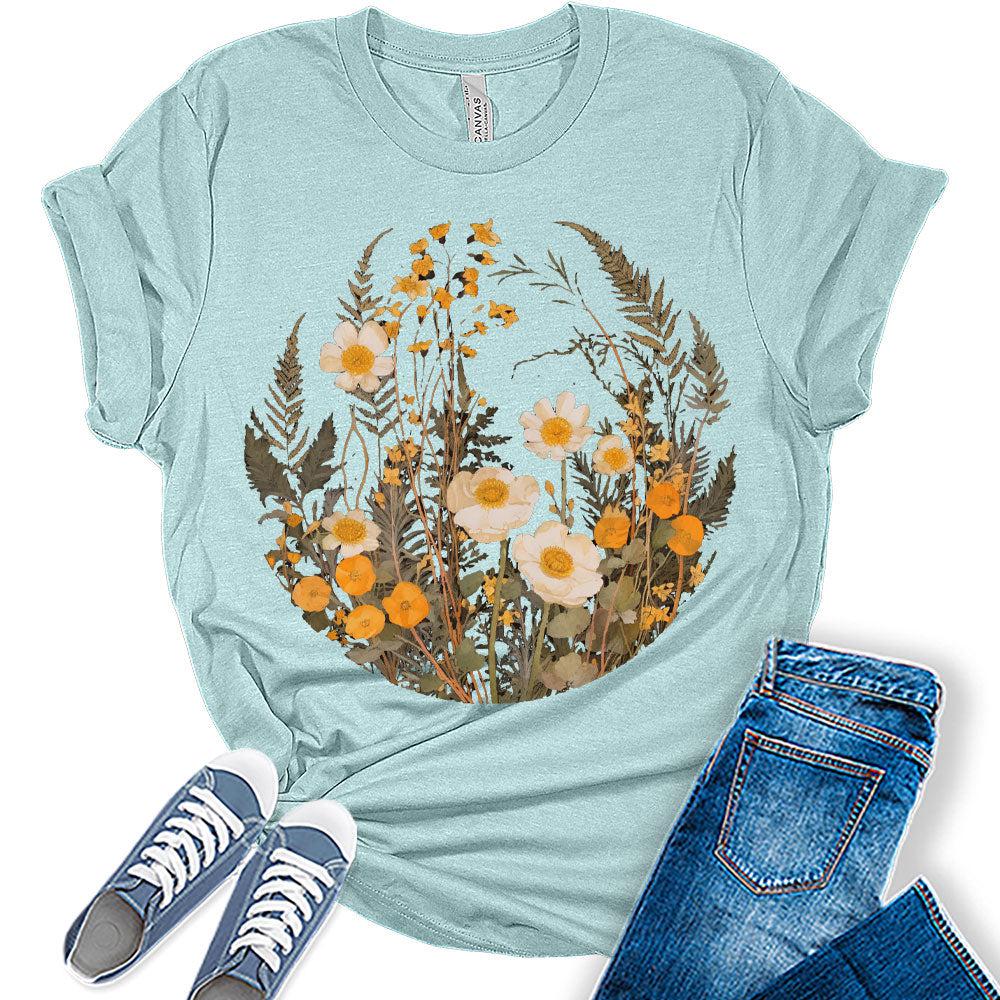 Womens Floral Shirts Trendy Wildflower Vintage Graphic Tees Spring Short Sleeve T Shirts Bella Summer Tops