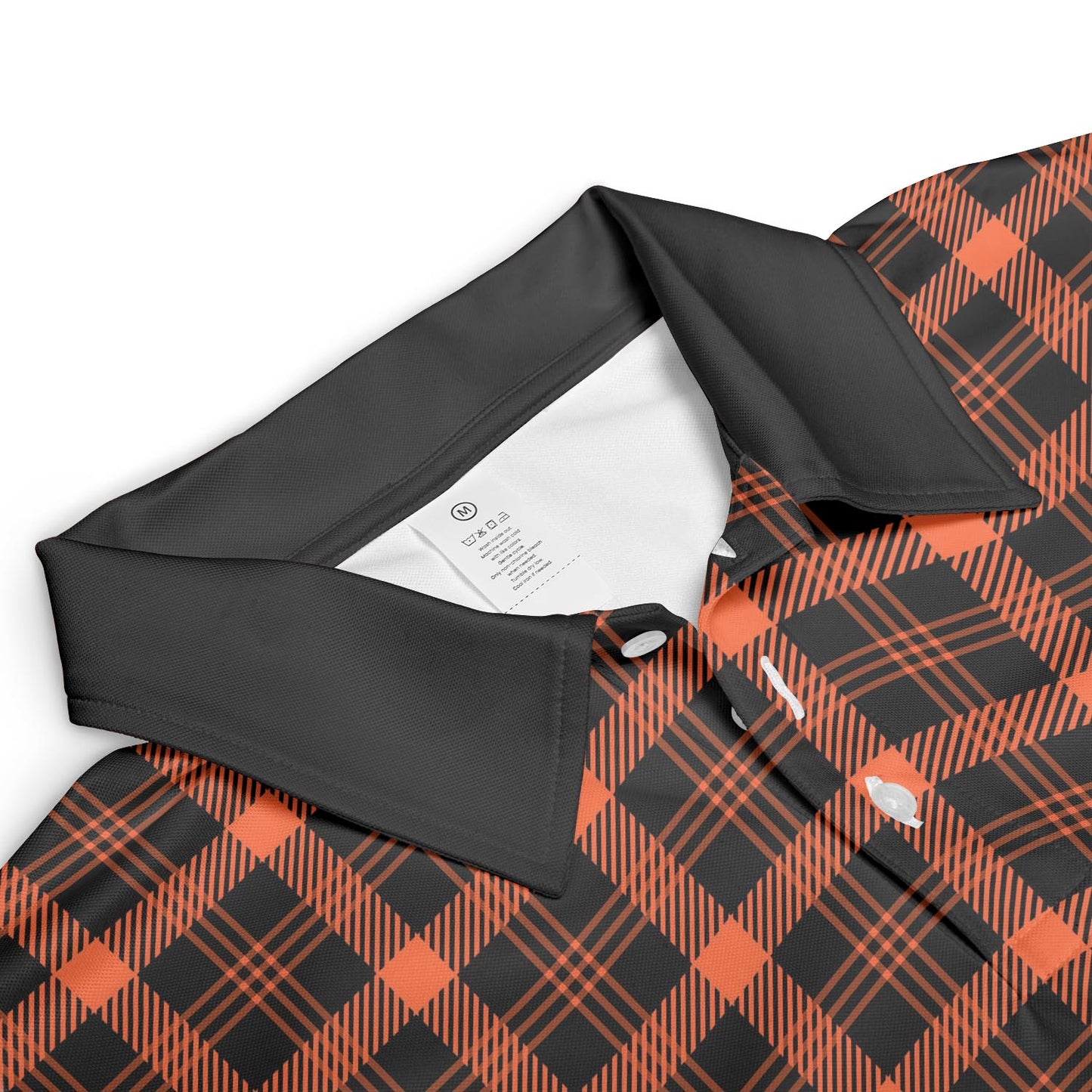 Black and Orange Buffalo Plaid Polo Shirt for Men Halloween Fall Checkered Pattern Moisture Wicking Short Sleeve Golf Top