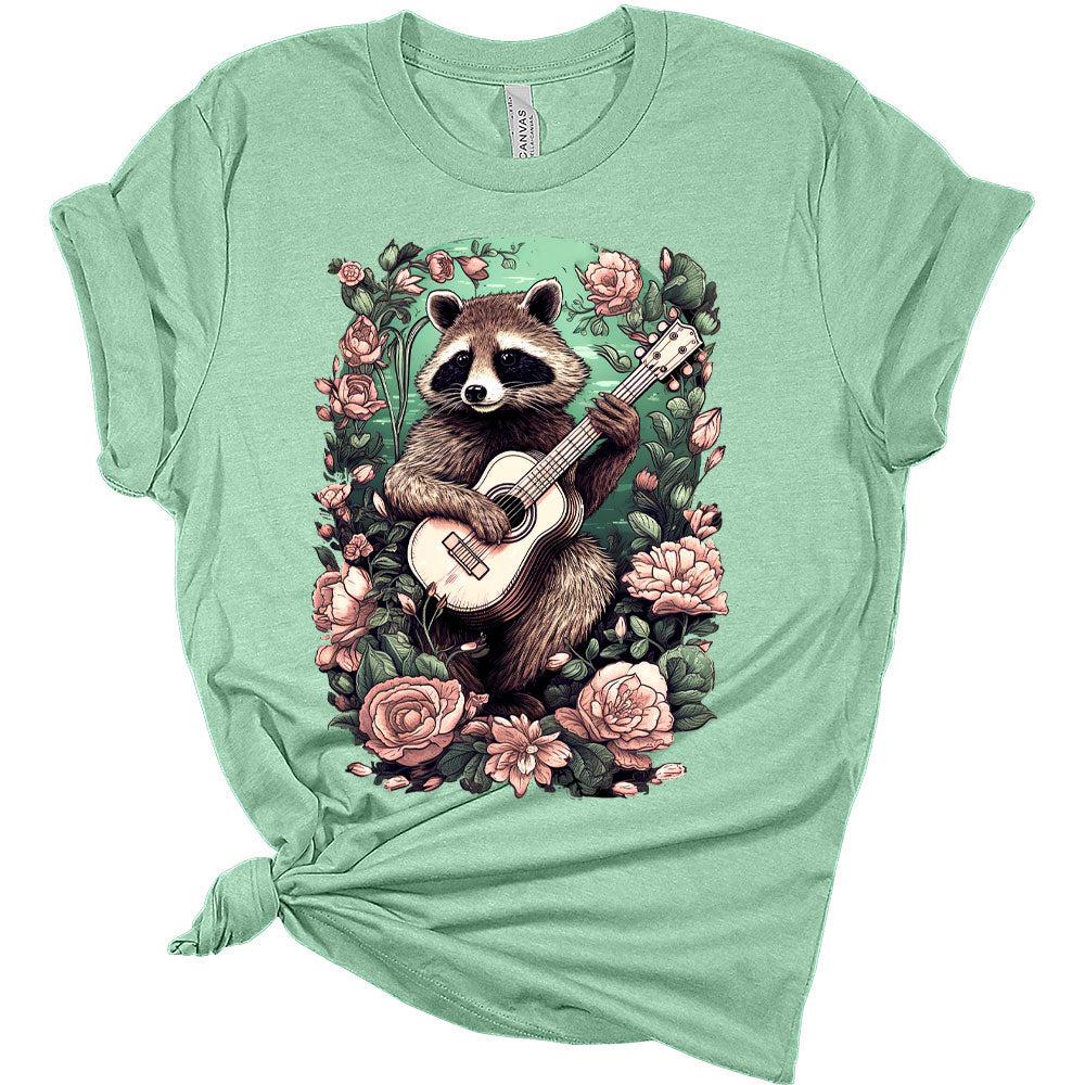 Womens Raccoon Playing Guitar Boho Groovy Shirt Cottagecore Clothing Animal Playing Music T-Shirts Cute Short Sleeve Graphic Tees Plus Size Summer Tops