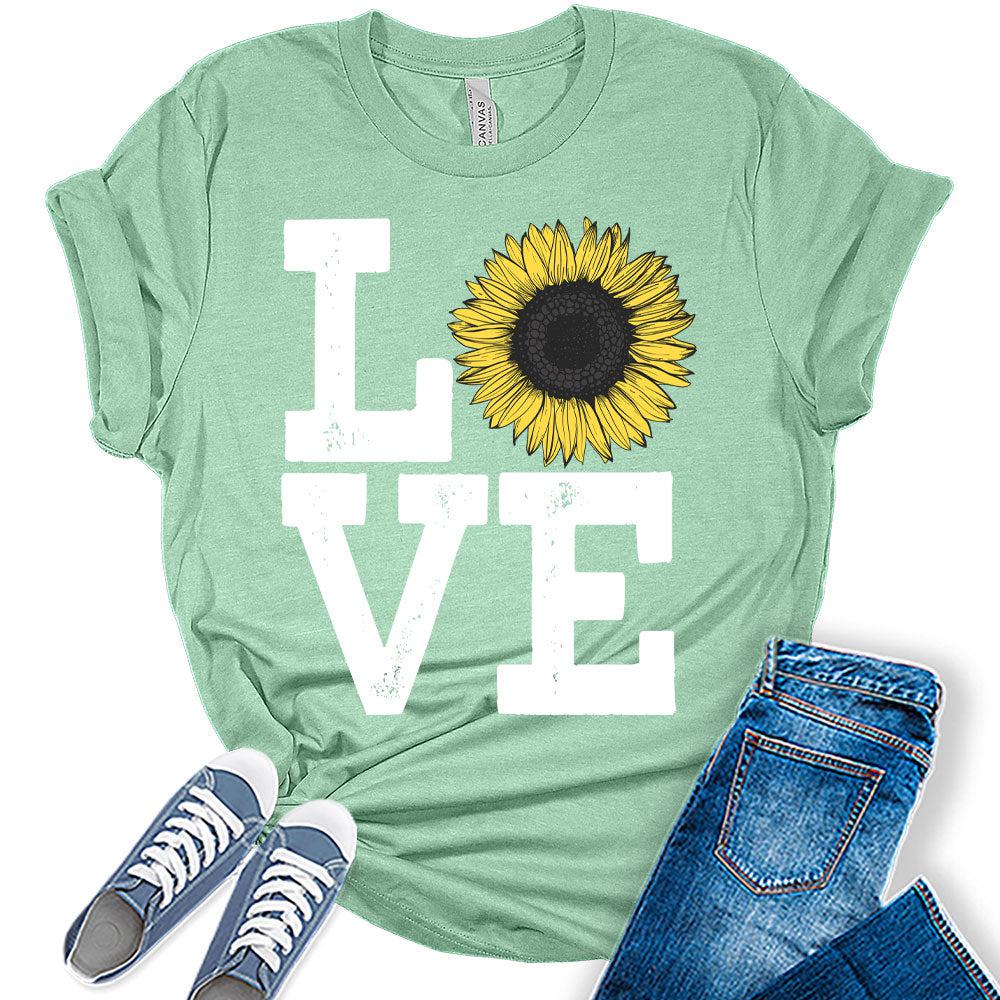 Womens Sunflower Casual Ladies Cute Floral Love Graphic Tees Spring Short Sleeve Plus Size Summer Tops for Women