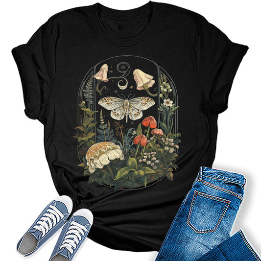 Floral Moth Graphic Tees for Women Tshirts Vintage Tops Cute Floral Wildflower Girls Shirts