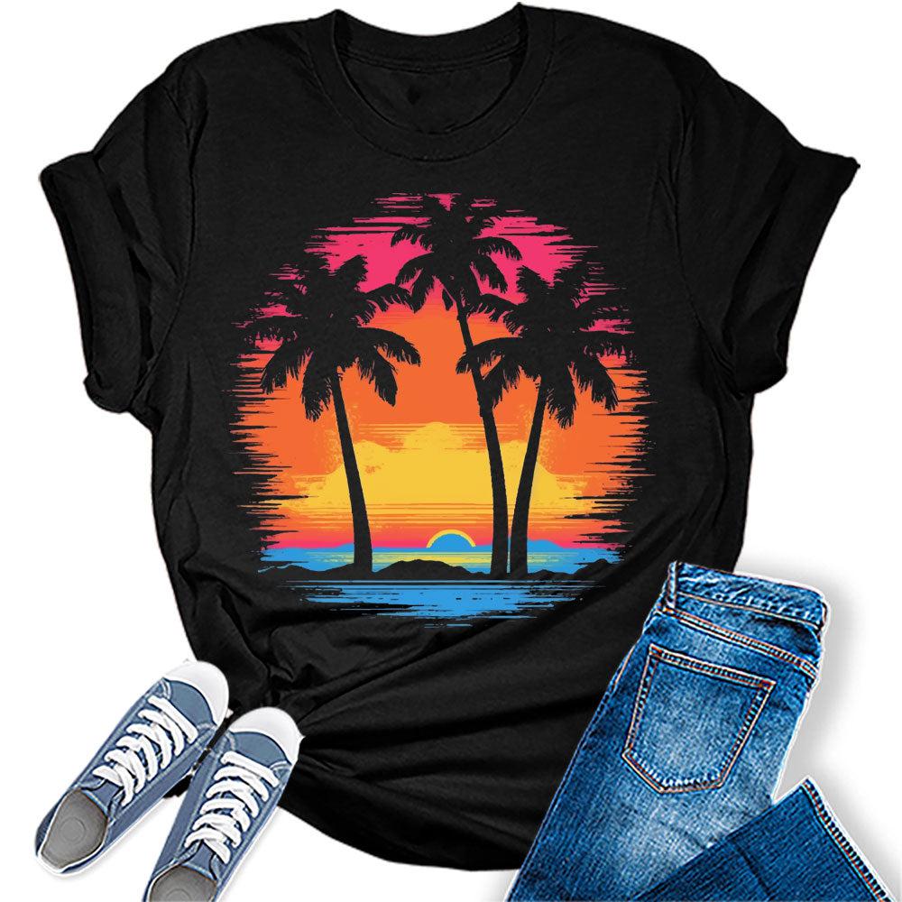 Beach Shirts for Women Coconut Trees Hawaiian Sunset Graphic Tshirt Summer Vacation Beach Tees Tops