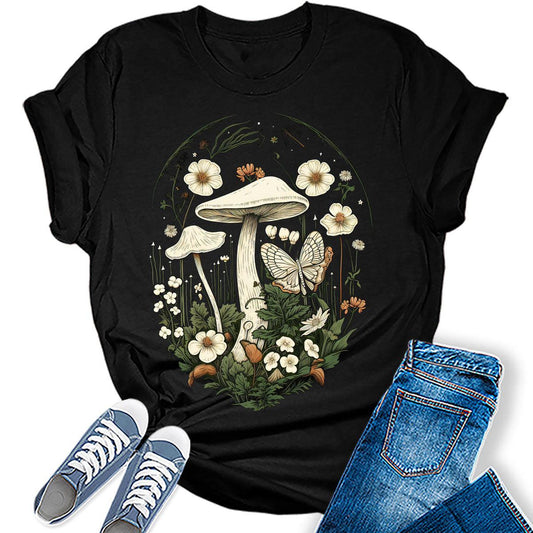 Womens Floral Mushroom Butterfly Tshirts Vintage Tops Cute Floral Wildflower Girls Shirts