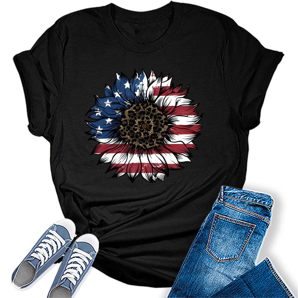 Womens 4th of July Shirts Patriotic American Flag Floral Heart Tshirts Bella Sunflower Short Sleeve Summer Graphic Tees