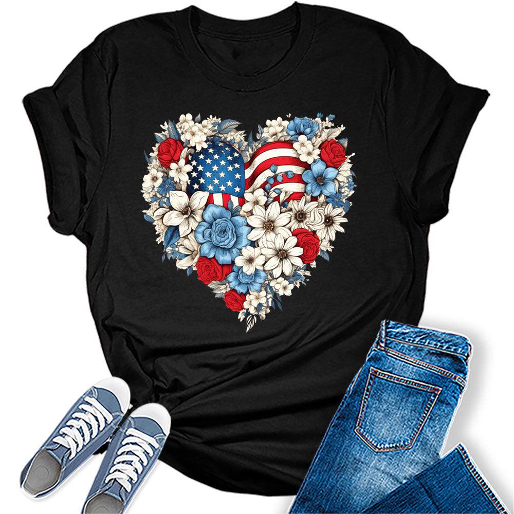 Womens 4th of July Shirts Patriotic American Flag Floral Heart Tshirts Bella Sunflower Short Sleeve Summer Graphic Tees