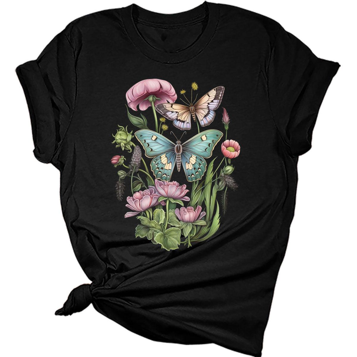 Womens Cute Butterfly Moth Wildflower Casual Graphic Tees Vintage Short Sleeve Girls T Shirts Fall Plus Size Tops