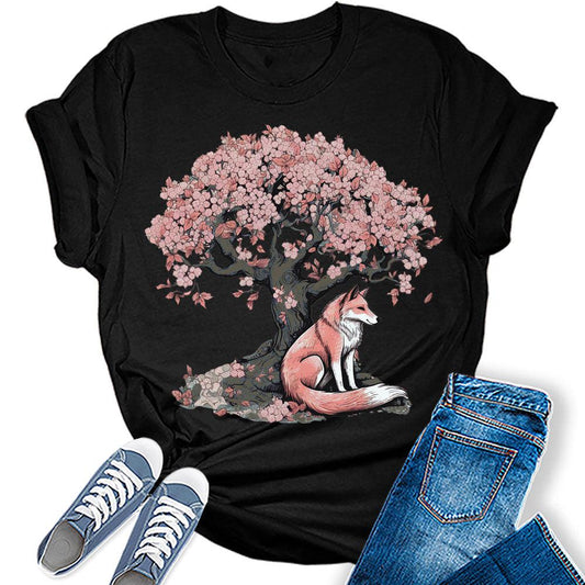 Womens Fox Shirt Cute Cottagecore Floral Aesthetic Short Sleeve Tops Bella Summer Crewneck Graphic Tee
