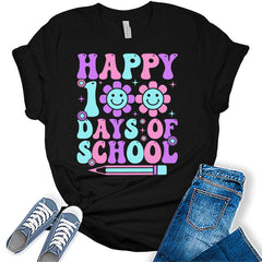 Happy 100 Days of School Shirts Teacher T Shirtshort Sleeve Graphic Tees for Women