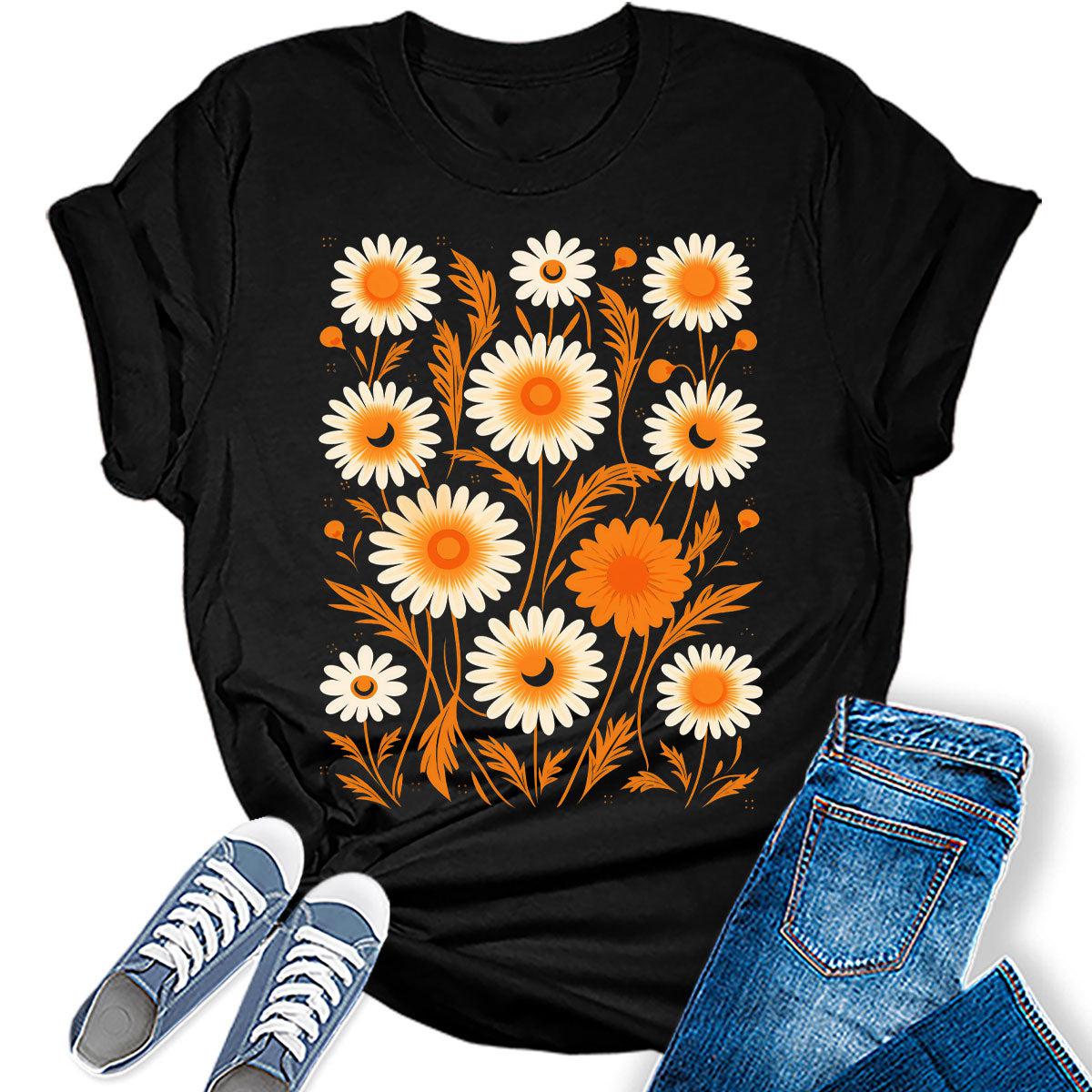 Fall Vintage Flower Collage Tshirt Women Boho Distressed Wildflowers Girls Graphic Tee Casual Nature Shirts Tops