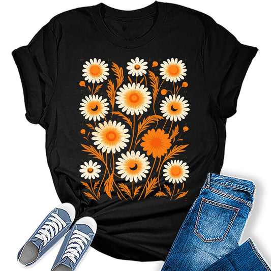 Fall Vintage Flower Collage Tshirt Women Boho Distressed Wildflowers Girls Graphic Tee Casual Nature Shirts Tops