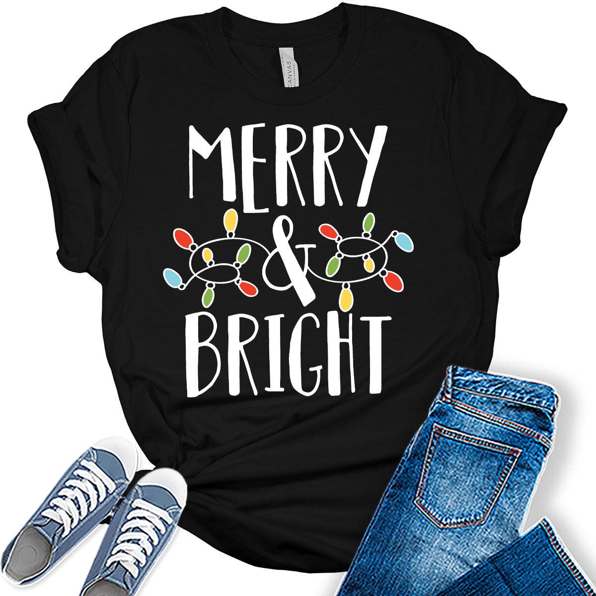 Merry and Bright Christmas Shirts for Women Holiday Xmas Graphic Tees