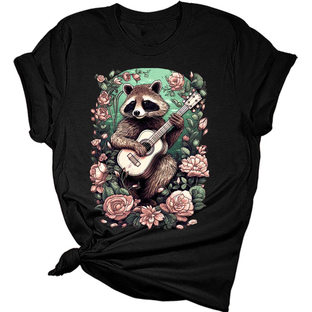 Womens Raccoon Playing Guitar Boho Groovy Shirt Cottagecore Clothing Animal Playing Music T-Shirts Cute Short Sleeve Graphic Tees Plus Size Summer Tops