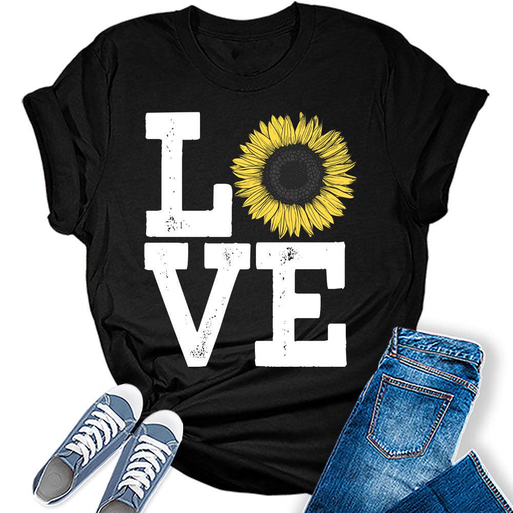 Womens Sunflower Casual Ladies Cute Floral Love Graphic Tees Spring Short Sleeve Plus Size Summer Tops for Women