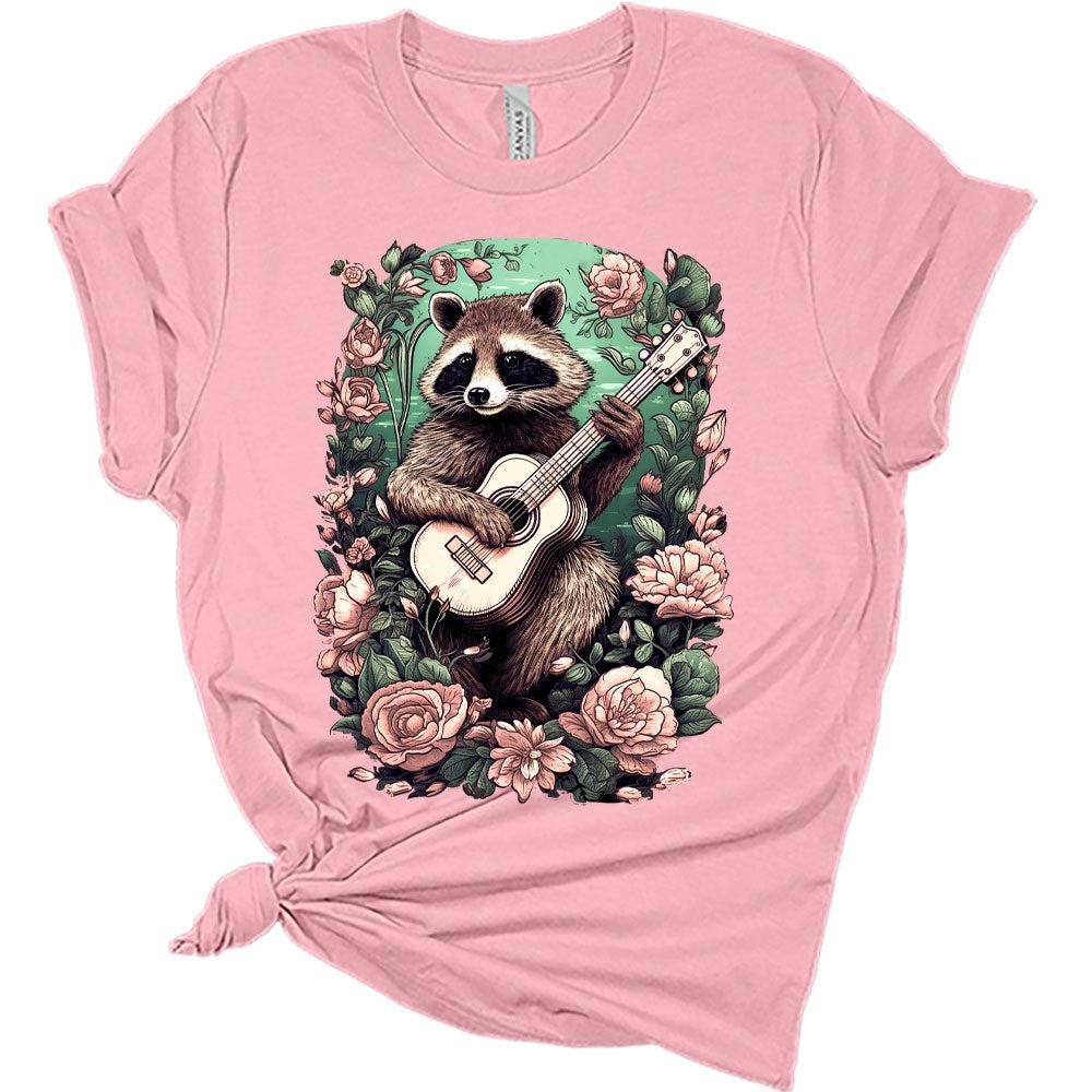 Womens Raccoon Playing Guitar Boho Groovy Shirt Cottagecore Clothing Animal Playing Music T-Shirts Cute Short Sleeve Graphic Tees Plus Size Summer Tops