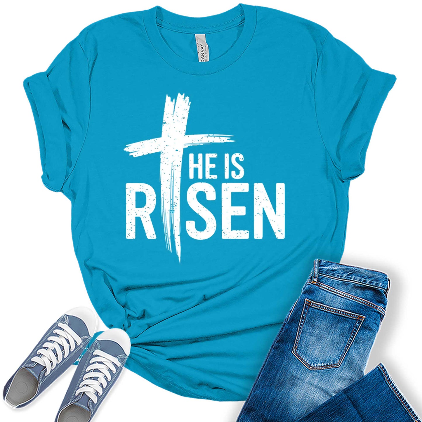 Women's He Is Risen Jesus Trendy Christian Easter Casual Graphic Tees Bella Plus Sized Tops