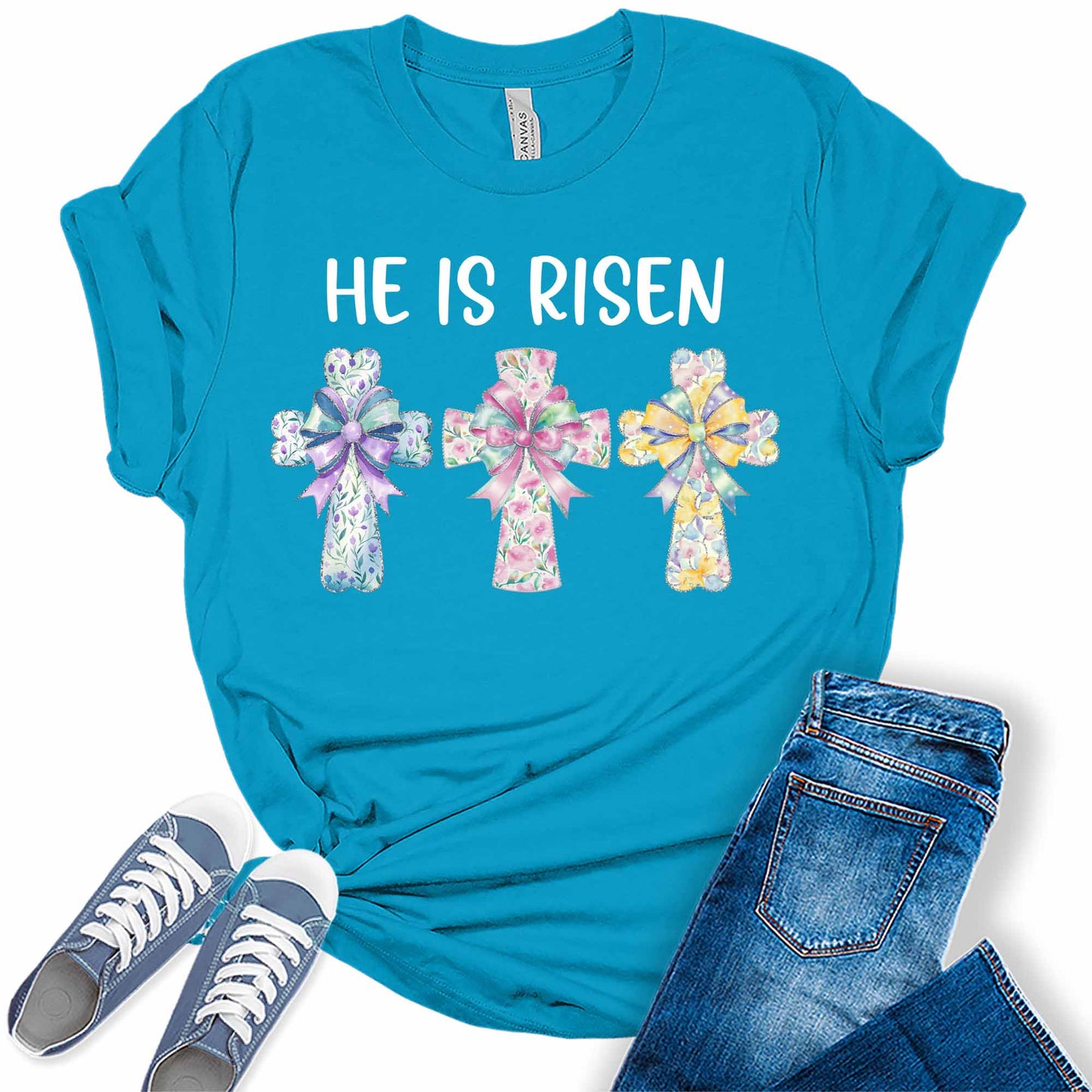 Women's Easter He Is Risen Christian Cute Trendy Casual Graphic Tees Bella Plus Sized Tops