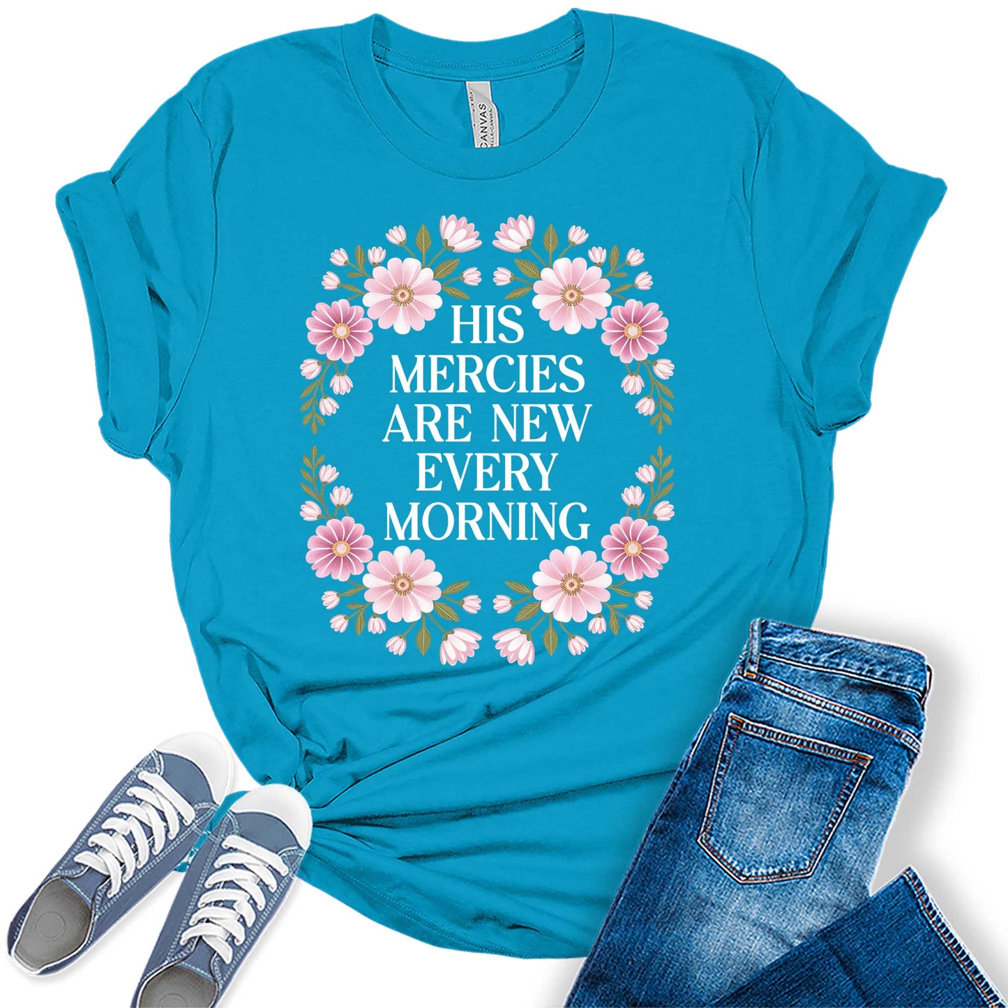 Women's His Mercies Are New Cute Trendy Faith Shirts Christian Casual Graphic Tees Bella Plus Sized Tops