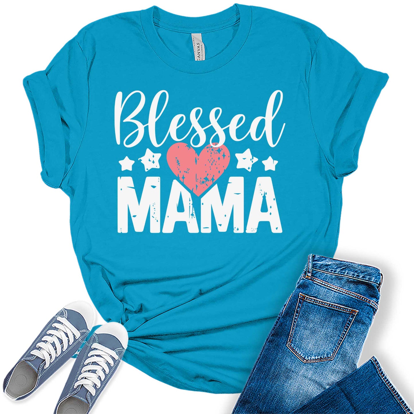 Women's Mama Shirt Blessed Mom Women Mother's Day T-Shirt Heart Casual Graphic Tees Bella Plus Sized Tops