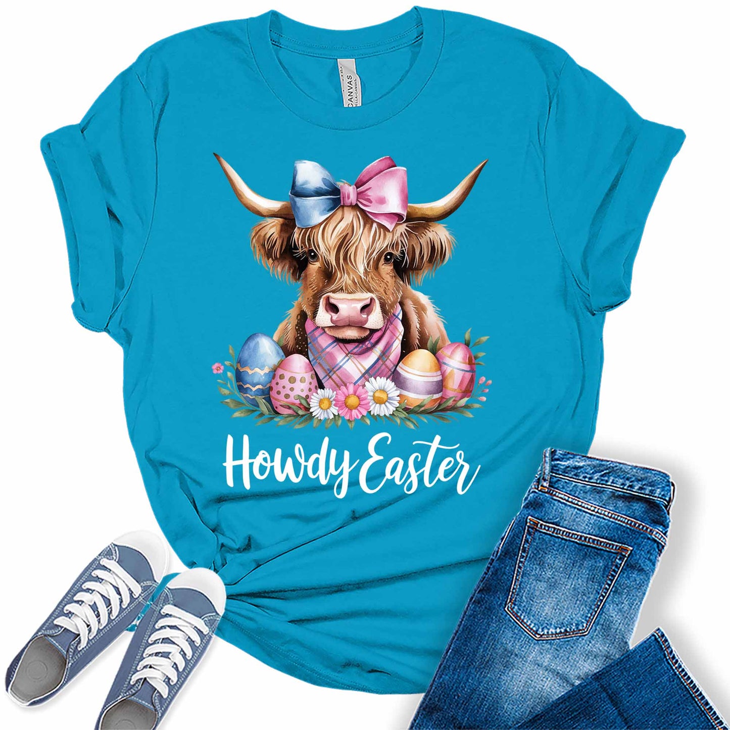 Women's Highland Cow Howdy Easter Shirt Cute Trendy Casual Graphic Tees Bella Plus Sized Tops