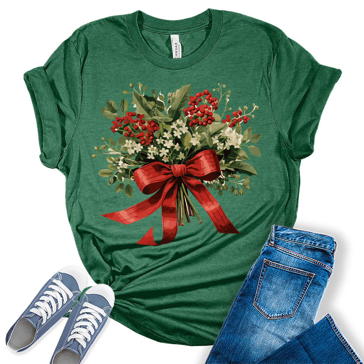 Christmas Shirt for Women Holly Graphic Tees Cute Floral Tops