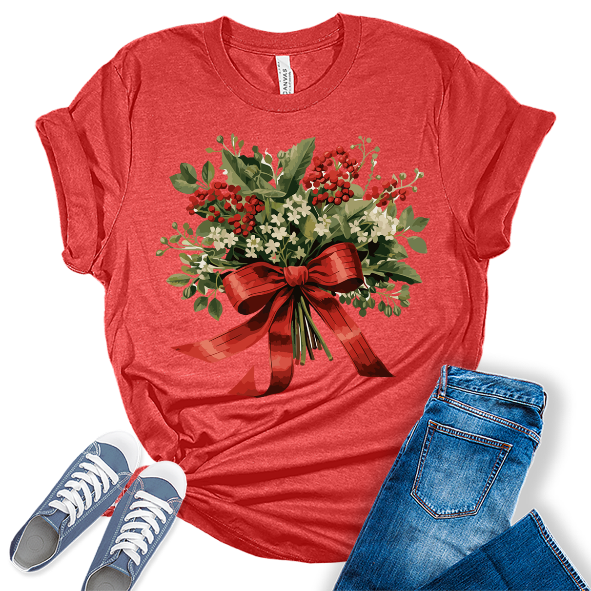 Christmas Shirt for Women Holly Graphic Tees Cute Floral Tops