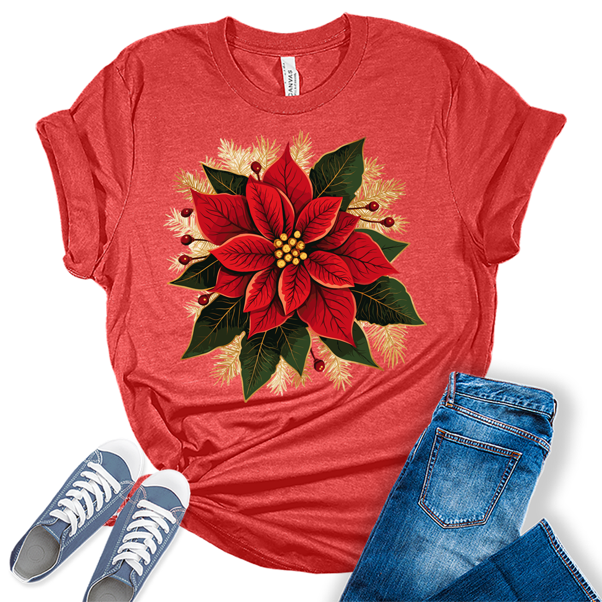 Christmas Shirts for Women Poinsettias Flower Graphic Tees Holiday Xmas Tshirts