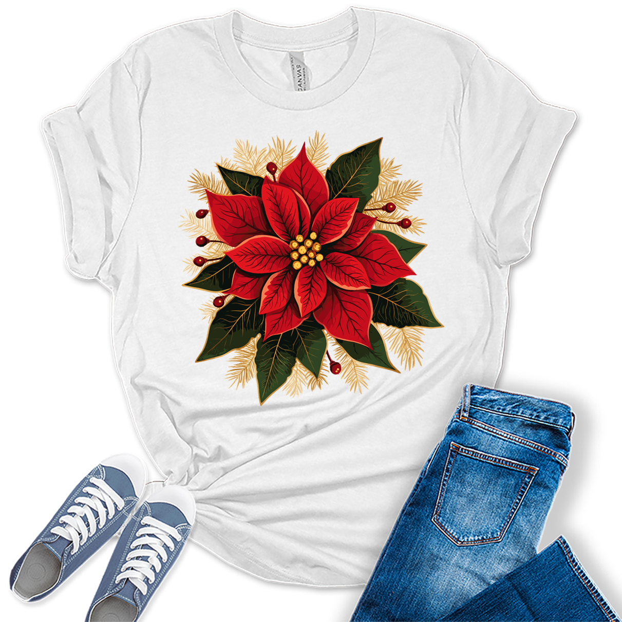 Christmas Shirts for Women Poinsettias Flower Graphic Tees Holiday Xmas Tshirts