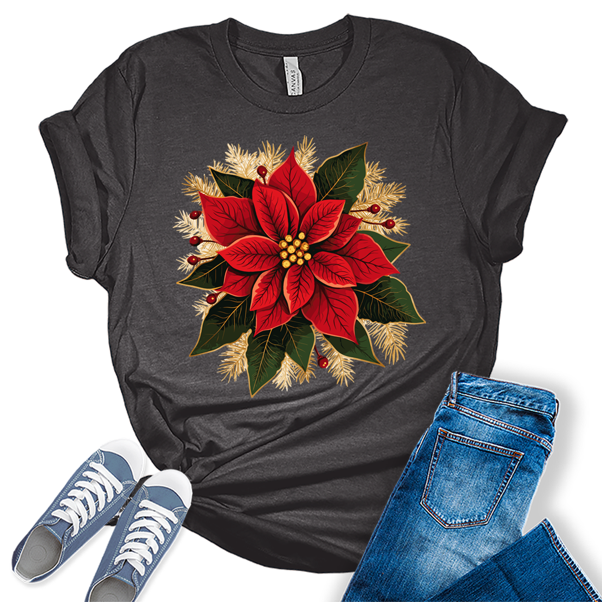 Christmas Shirts for Women Poinsettias Flower Graphic Tees Holiday Xmas Tshirts