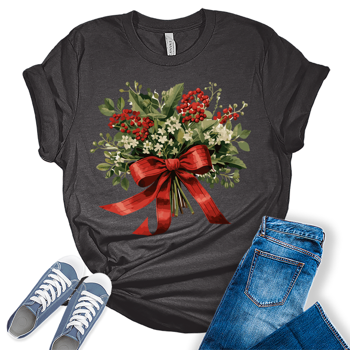 Christmas Shirt for Women Holly Graphic Tees Cute Floral Tops