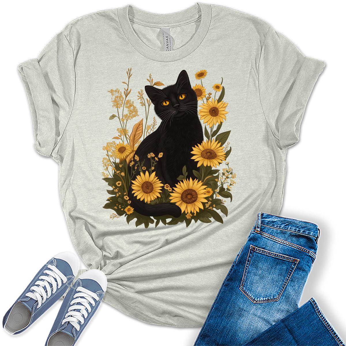 Womens Cat Shirts Sunflower Vintage Graphic Tees Spring Cottagecore T Shirts Bella Summer Tops