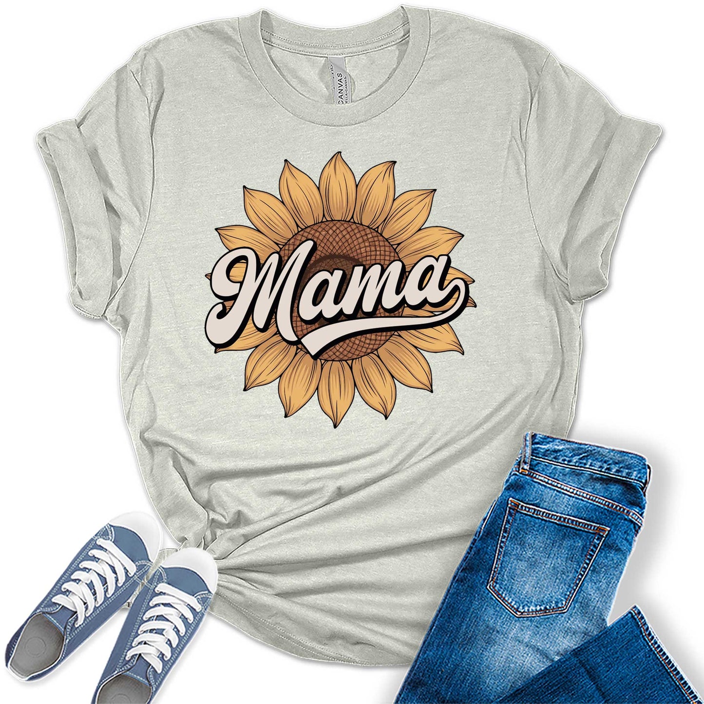 Women's Retro Mama Sunflower Floral Summer Vintage Casual Graphic Tees Bella Plus Sized Tops