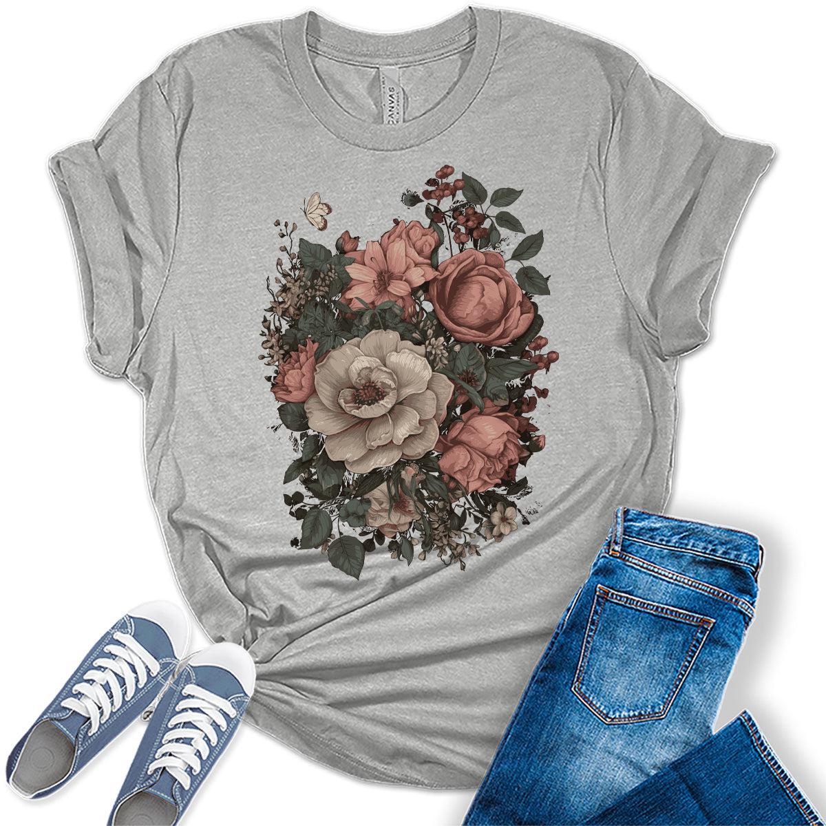Womens Floral Shirts Wildflower Vintage Graphic Tees Butterfly Short Sleeve T Shirts Bella Summer Tops