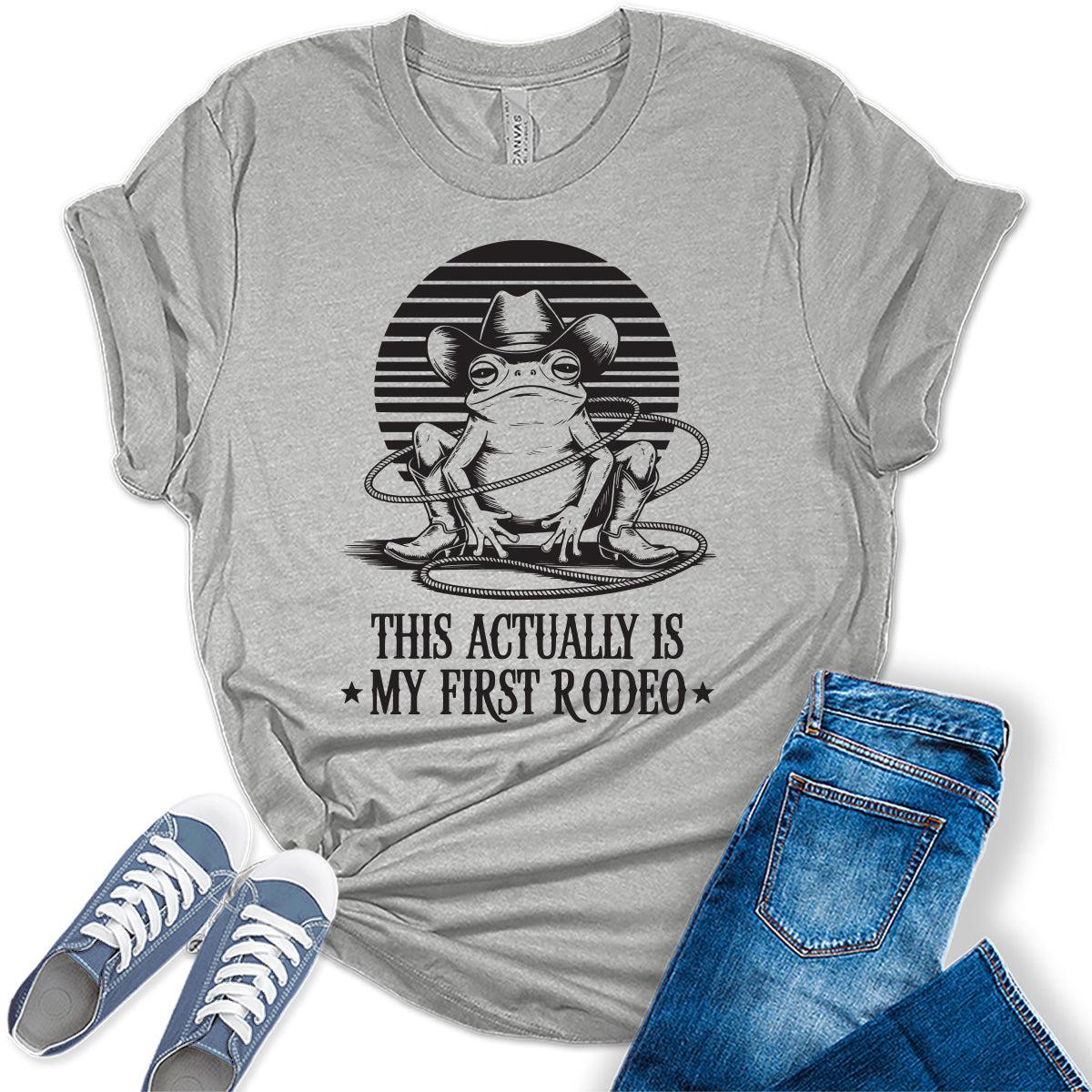 Women's Funny Western Frog Shirts For Teens This Is My First Rodeo Graphic Tees Bella Plus Sized Tops