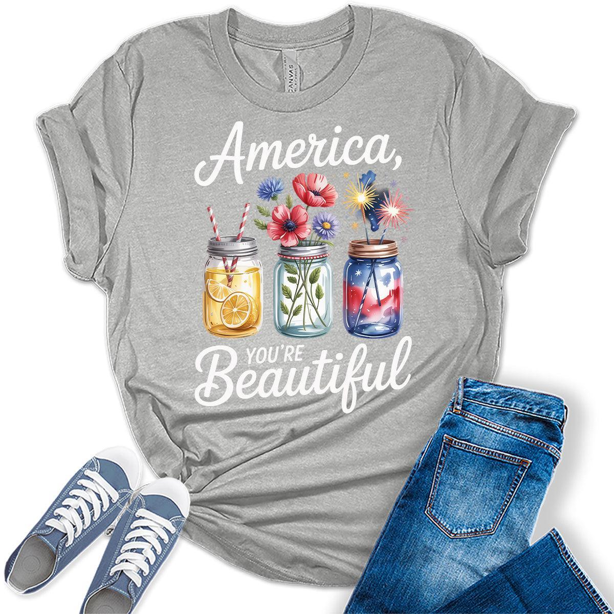 4th of July Shirts For Womens Patriotic Graphic Tees America Beautiful Bella Plus Sized Tops