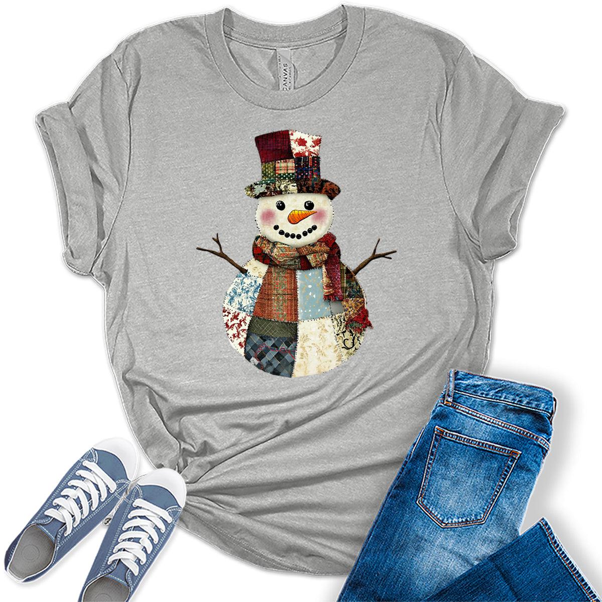 Women's Patch Work Snowman Christmas Graphic Tees