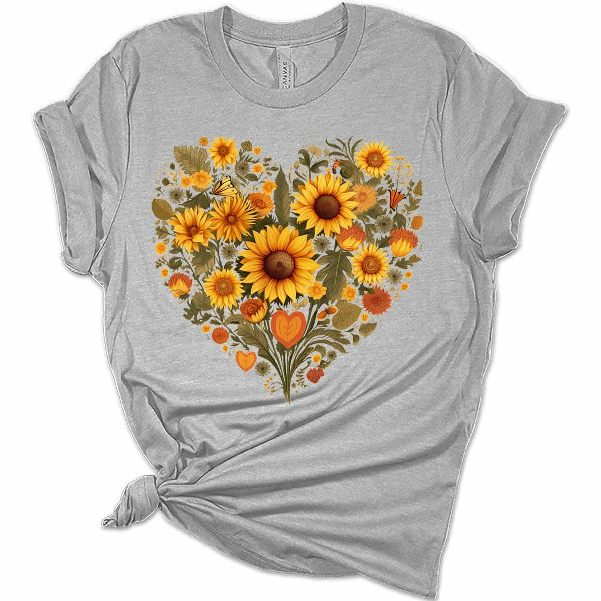 Women's Graphic Vintage Sunflower Heart T Shirt Summer Bella Top Casual Plus Size Tee