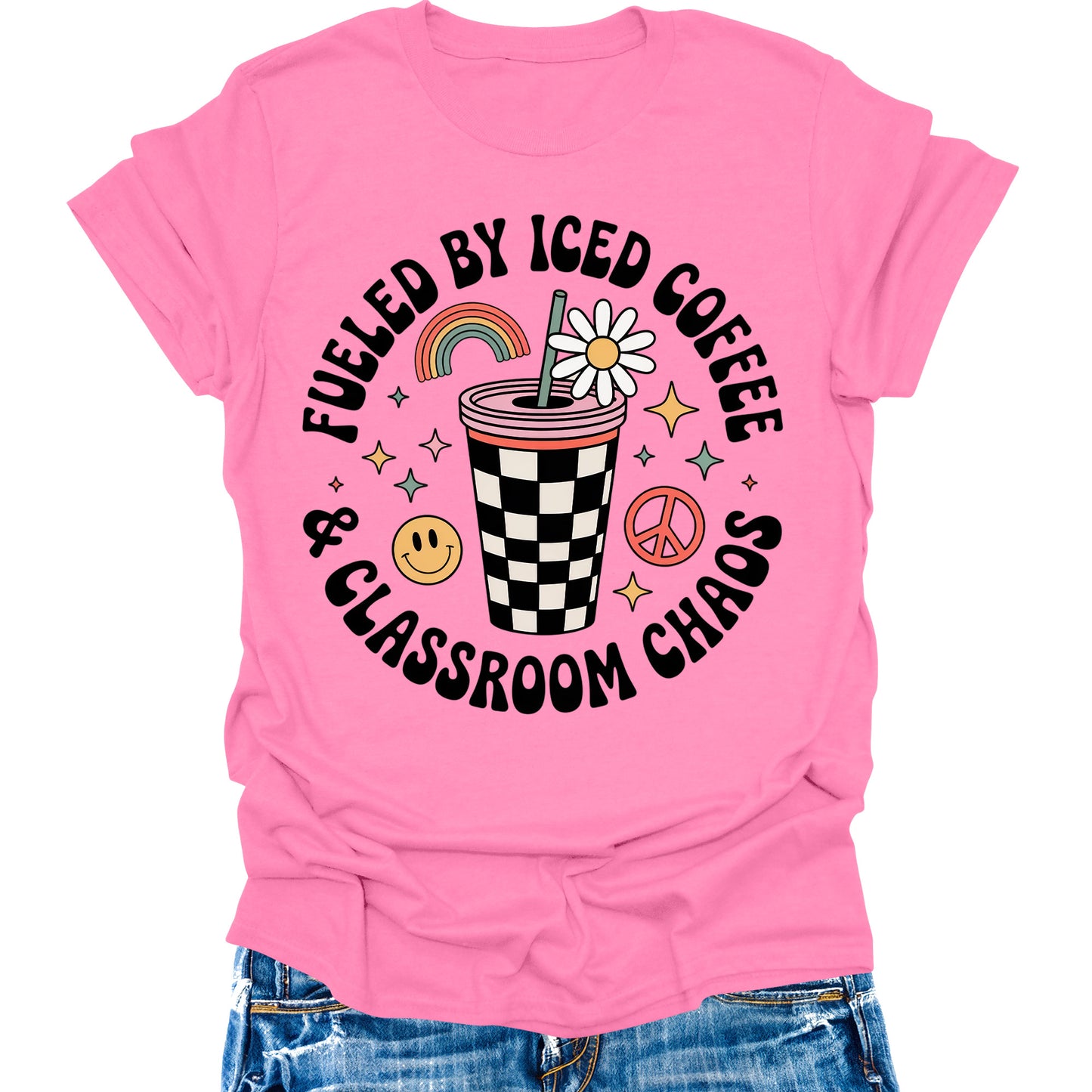 Fueled By Caffeine and Chaos Teacher Shirt Retro Vintage Funny Back to School Graphic Tees Womens Tops