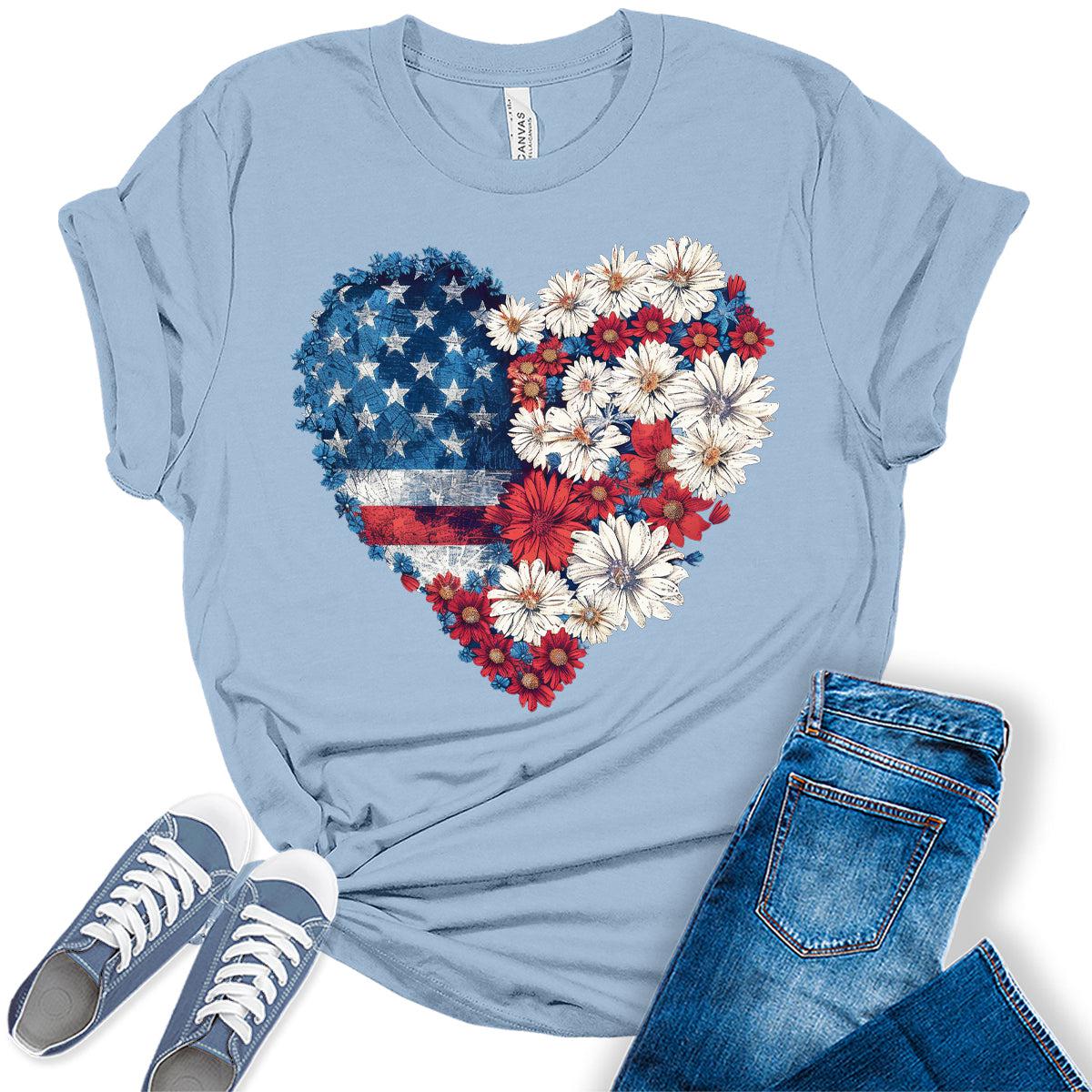 Floral Hearth USA Flag 4th Of July Patriotic Graphic Tees for Women