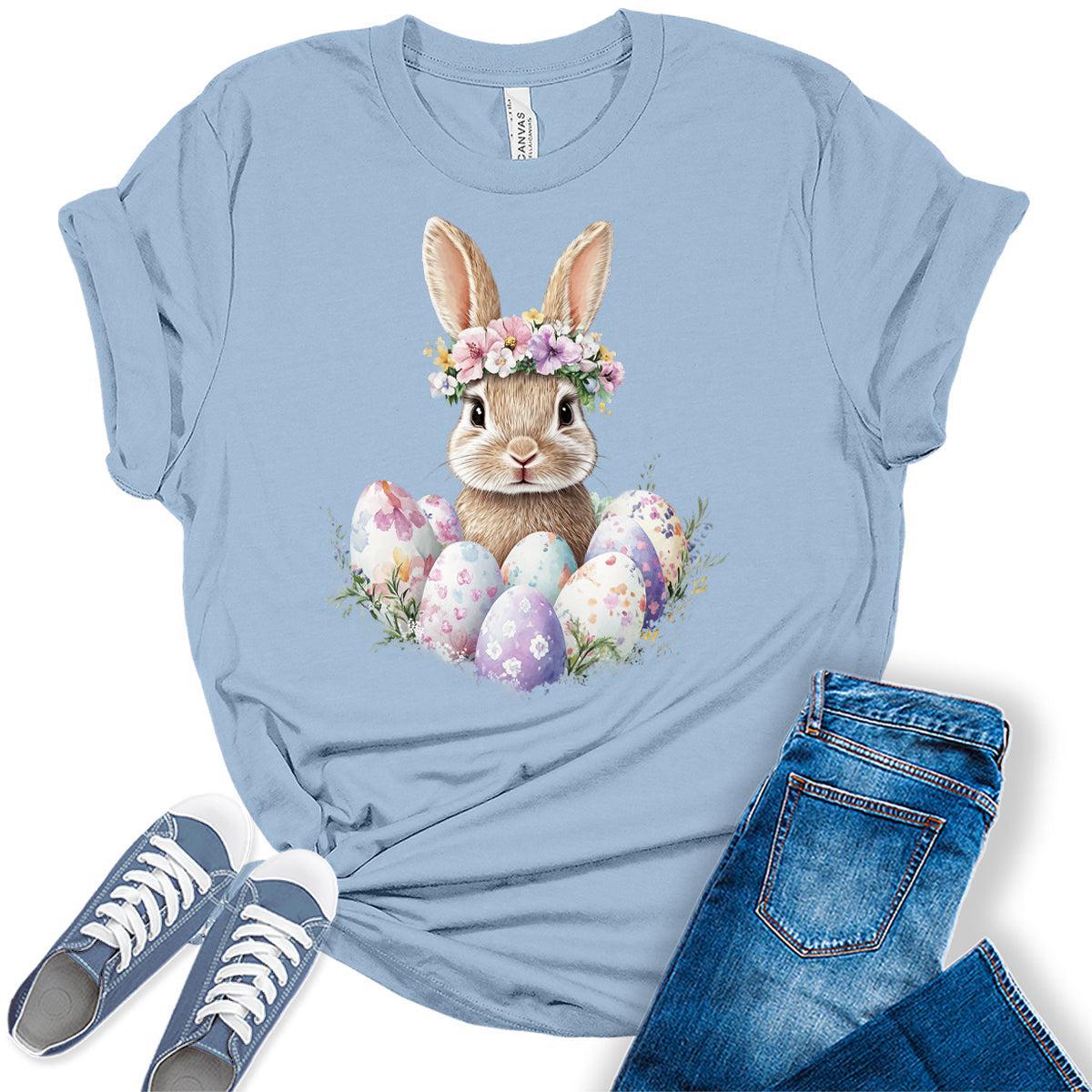 Women's Easter Shirts Bunny Eggs Cute Trendy Casual Graphic Tees Bella Plus Sized Tops
