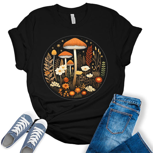 Cottagecore Shirtsushroom Graphic Tees for Women Floral Boho Fall Tops