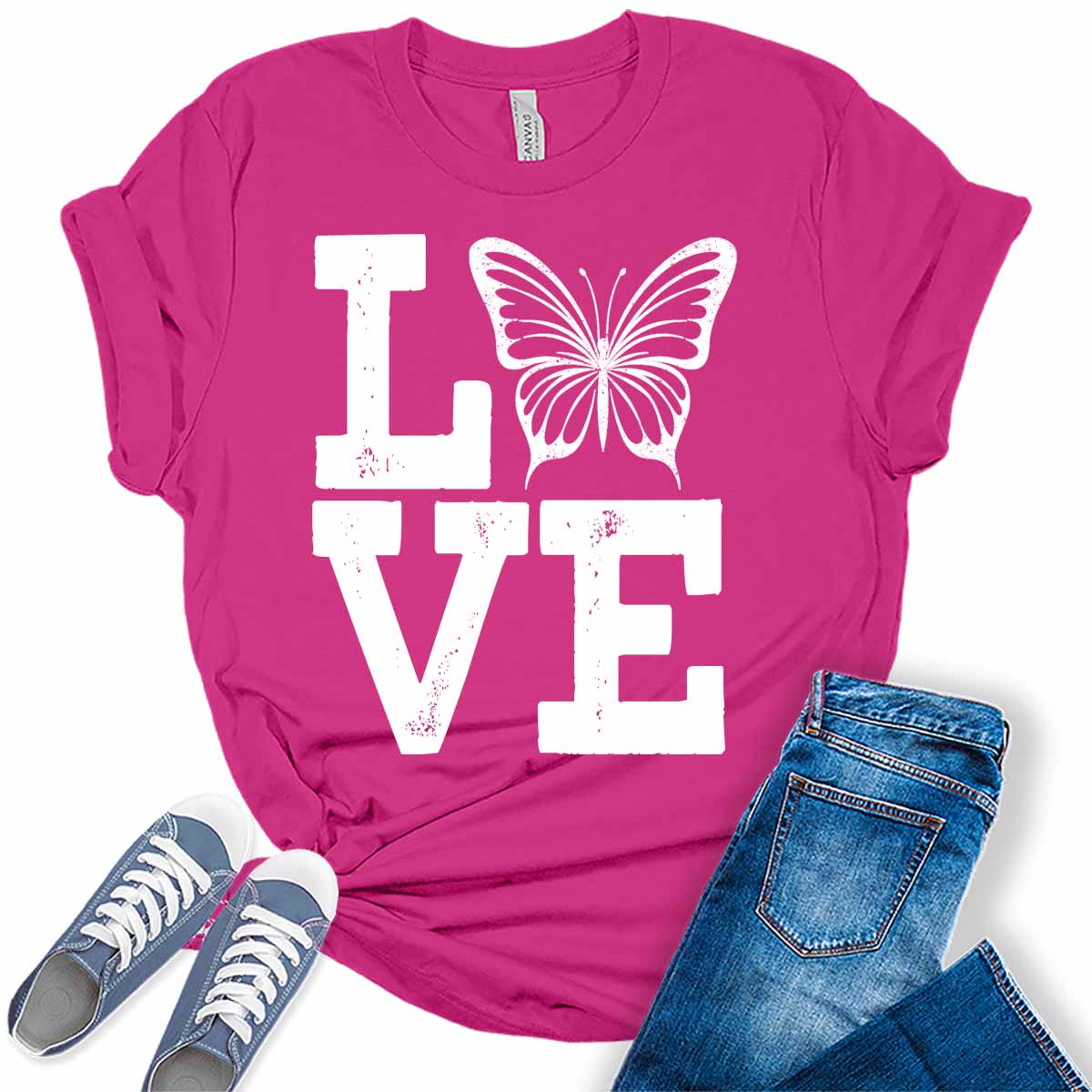 Love Shirt Cute Butterfly T Shirt Letter Print Graphic Tees for Women Summer Tops