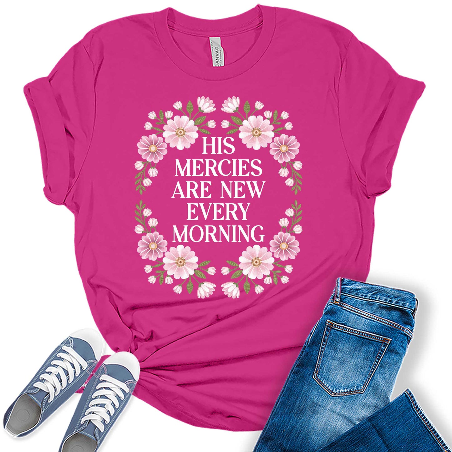 Women's His Mercies Are New Cute Trendy Faith Shirts Christian Casual Graphic Tees Bella Plus Sized Tops