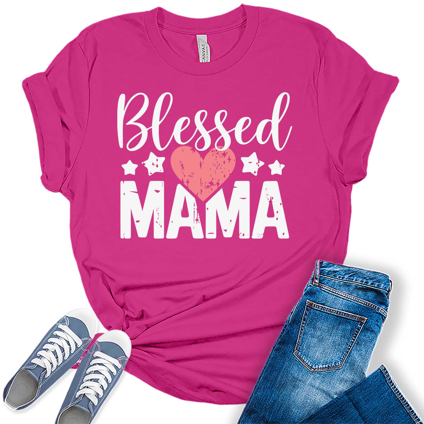 Women's Mama Shirt Blessed Mom Women Mother's Day T-Shirt Heart Casual Graphic Tees Bella Plus Sized Tops
